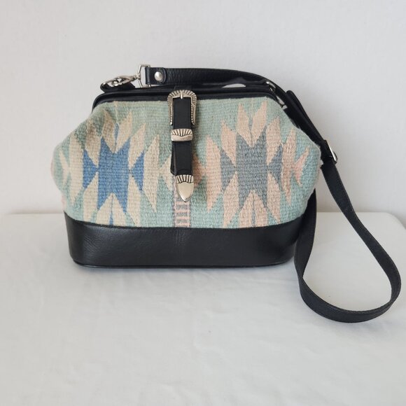 Vintage Mexican Handcraft Leather Woven-Wool Carpet Southwest Satchel Handbag - Picture 2 of 16